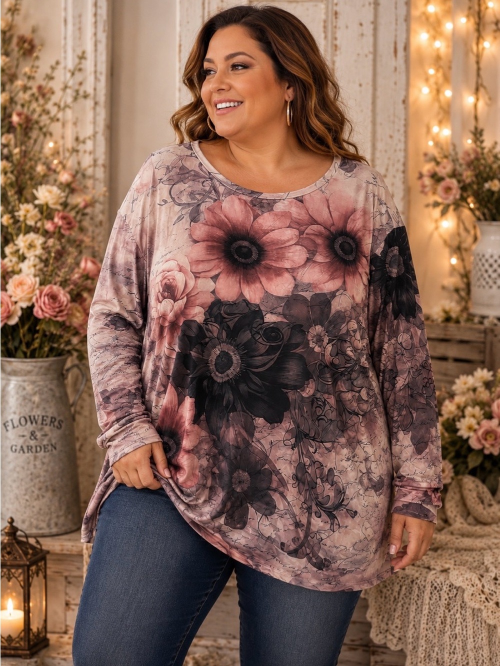SHEIN Blush and Black Floral Scoop Neck Tunic